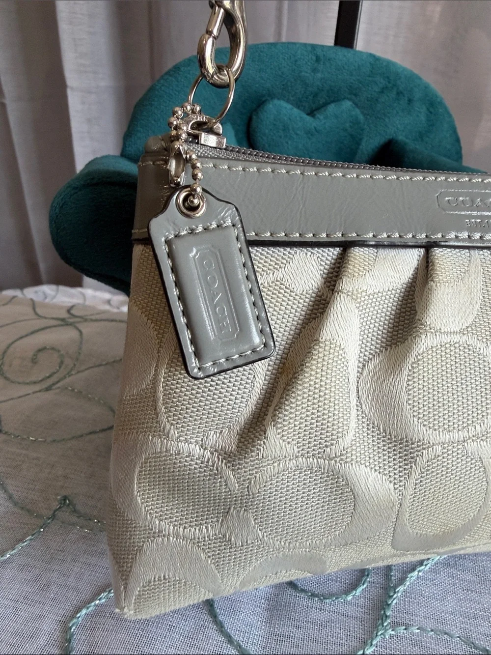 Coach Signature Canvas Wristlet with Silver Trim